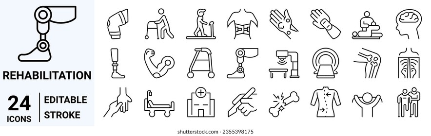 Set of 24 line icons Physiotherapy, rehabilitation, prosthetics. editable stroke Vector illustration