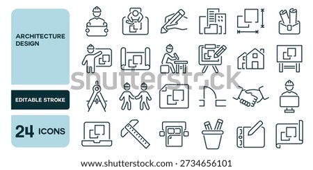 Set of 24 line icons related to architecture design, Editable stroke. Vector illustration