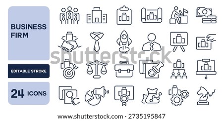 Set of 24 line icons related to business firm, Editable stroke. Vector illustration