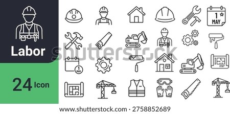 A set of 24 line icons related to labor, construction, and industries, including tools, workers, and buildings