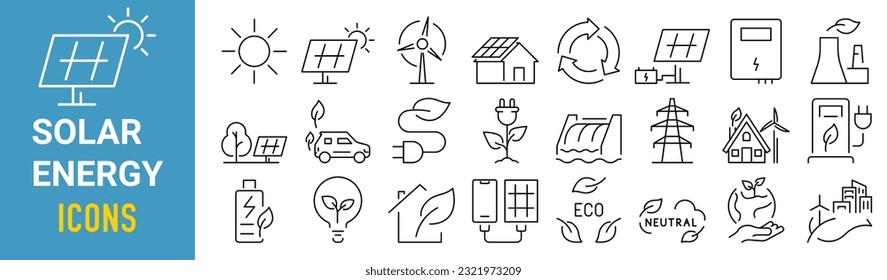 Set of 24 line icons of solar energy. hydroelectric power plant, solar panels, fossil fuel. Vector illustration. Outline icon. Editable stroke.