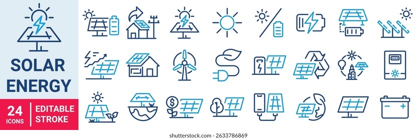 Set of 24 line icons of solar energy. hydroelectric power plant, solar panels, fossil fuel. Vector illustration. Outline icon. Editable stroke.