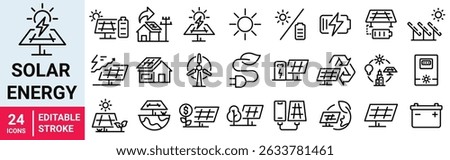 Set of 24 line icons of solar energy. hydroelectric power plant, solar panels, fossil fuel. Vector illustration. Outline icon. Editable stroke.