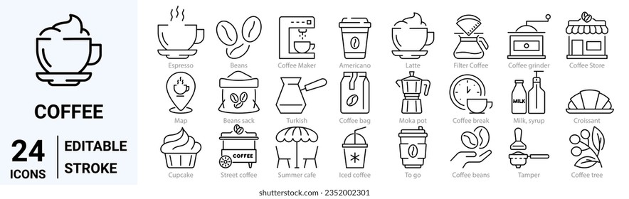 conjunto de iconos web de 24 líneas café. Máquina de café, frijoles, taza de Espresso. Colección de iconos de esquema. Ilustración vectorial.