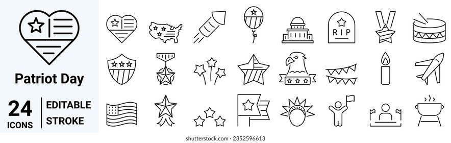 set of 24 line web icons Patriot Day. Military, Veterans Day. USA Independence Day celebration. Collection of Outline Icons. Vector illustration.