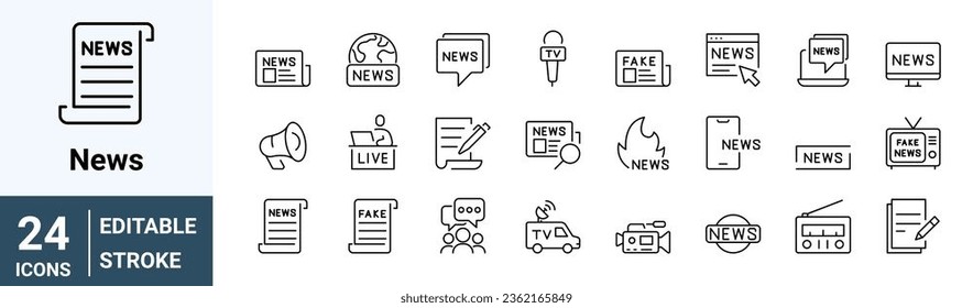 set of 24 line web icons. Fake News. Wrong Information, live, Propaganda, Inappropriate Content. Editable Stroke. Collection of Outline Icons. Vector illustration. svg