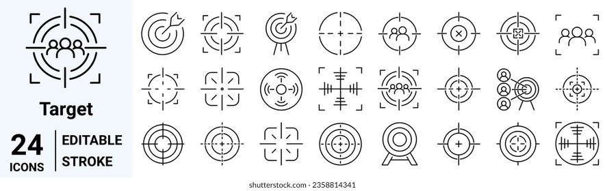 set of 24 line web Target icons. Precision. Bullseye, Focus, Crosshair, Reticle, Viewfinder. Precision Reticle Set.