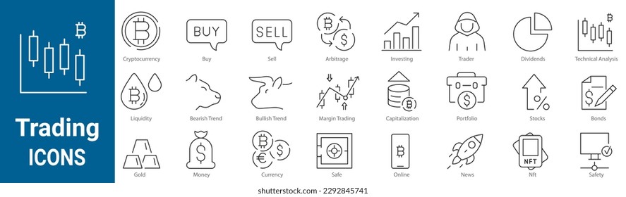 Conjunto de 24 operaciones de iconos lineales. Trazo editable. Criptomoneda, Invertir, Bitcoin.