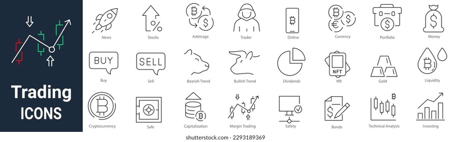 Set of 24 linear icon trading. Editable stroke. Cryptocurrency, Investing, Bitcoin.