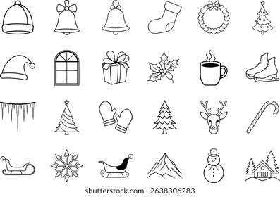 A set of 24 lineart illustrations depicting classic winter and Christmas symbols trees, bells, gifts, Santa hats, snowmen, and more.