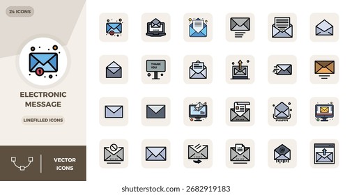 Conjunto de 24 iconos vectoriales perfectos de LineFilled PIXEL tematizados en torno al mensaje Electrónica, creado en resolución de 128x128 para una integración perfecta en App y Sitios web.
