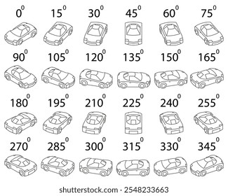 Um conjunto de 24 carros de luxo de diferentes ângulos. Rotação do carro esportivo em contorno de 15 graus para animação.  