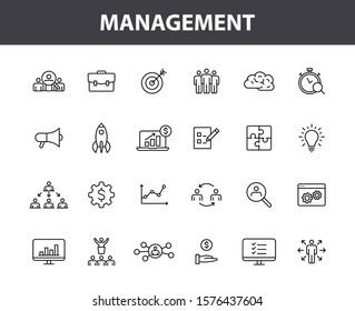 Conjunto de 24 iconos Web de administración en estilo de línea. Medios, trabajo en equipo, negocios, planificación, estrategia, marketing. Ilustración vectorial.