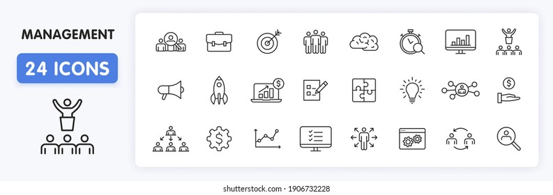 Set of 24 Management web icons in line style. Media, teamwork, business, planning, strategy, marketing. Vector illustration.