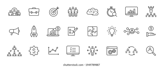 Set of 24 Management web icons in line style. Media, teamwork, business, planning, strategy, marketing. Vector illustration.