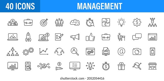 Set of 24 Management web icons in line style. Media, teamwork, business, planning, strategy, marketing. Vector illustration