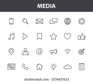 Set Of 24 Media Web Icons In Line Style. Social, Networks, Feedback, Communication, Marketing, Thumb Up. Vector Illustration.