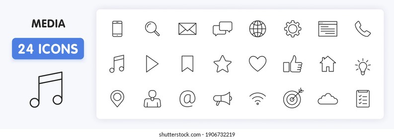 Set of 24 Media web icons in line style. Social, networks, feedback, communication, marketing, thumb up. Vector illustration.