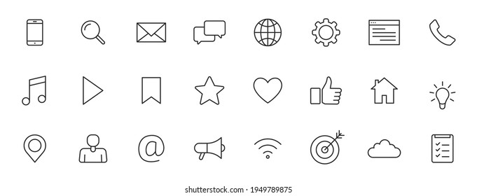 Set of 24 Media web icons in line style. Social, networks, feedback, communication, marketing, thumb up. Vector illustration.