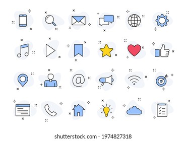 Set of 24 Media web icons in line style. Social, networks, feedback, communication, marketing, thumb up. Vector illustration.
