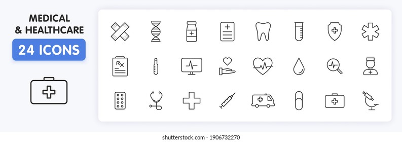 Set of 24 Medical and Health web icons in line style. Medicine and Health Care, RX, infographic. Vector illustration.