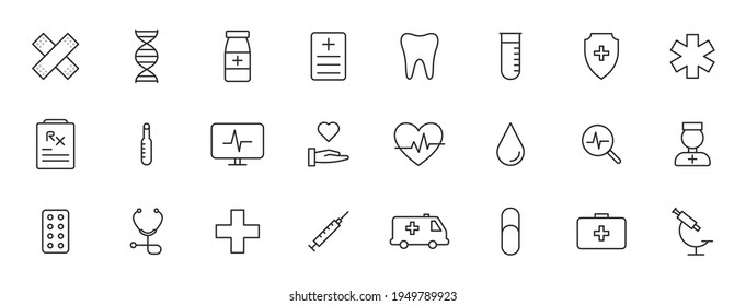 Set of 24 Medical and Health web icons in line style. Medicine and Health Care, RX, infographic. Vector illustration.