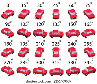 A set of 24 mesh cars from different angles. Rotation of the 3d car by 15 degrees for animation.  