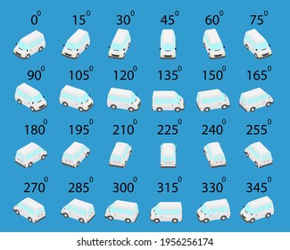 A set of 24 minibus from different angles. Animation of the rotation of a white bus by 15 degrees. 