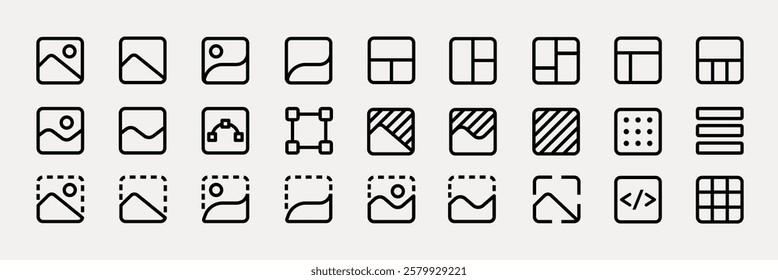 Set of 24 minimalist icons. Icons include image, layout, and design tools. Simple, clean, and versatile icons for digital projects and design layouts. User interface icons, UI icon vector set.