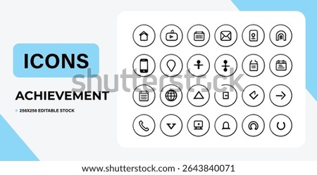 A set of 24 minimalist thin line icons in circles, suitable for web and mobile design.