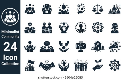A set of 24 minimalist vector icons representing community, teamwork, collaboration, leadership, and social connection. Perfect for websites, apps, presentations, and branding.