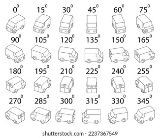 A set of 24 minivans from different angles. Rotation of the van in outline by 15 degrees for animation.  