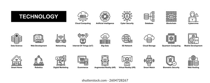 A set of 24 modern IT icons covering cloud computing, AI, cybersecurity, blockchain, big data, and IoT. Perfect for web design, apps, infographics, and digital projects.