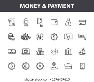 Set of 24 Money and Payment web icons in line style. Business, investment, financial, banking, exchange, pay. Vector illustration.