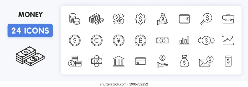 Conjunto de 24 iconos web de Dinero y Pago en estilo de línea. Negocios, inversión, finanzas, banca, dólar, banco, efectivo, moneda, pago. Ilustración vectorial.