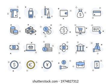 Set of 24 Money and Payment web icons in line style. Business, investment, financial, banking, exchange, pay. Vector illustration.