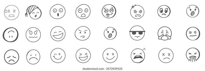 A set of 24 monochrome circular emoji icons displaying various facial expressions and emotions. Simple line-style illustrations include happy, sad, angry, surprised, love, and neutral faces in graysca