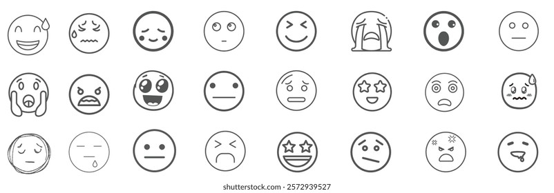 A set of 24 monochrome circular emoji icons displaying various facial expressions and emotions. Simple line-style illustrations include happy, sad, angry, surprised, love, and neutral faces in graysca