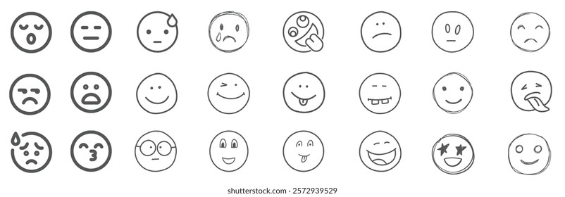 A set of 24 monochrome circular emoji icons displaying various facial expressions and emotions. Simple line-style illustrations include happy, sad, angry, surprised, love, and neutral faces in graysca