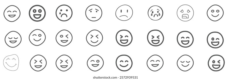 A set of 24 monochrome circular emoji icons displaying various facial expressions and emotions. Simple line-style illustrations include happy, sad, angry, surprised, love, and neutral faces in graysca