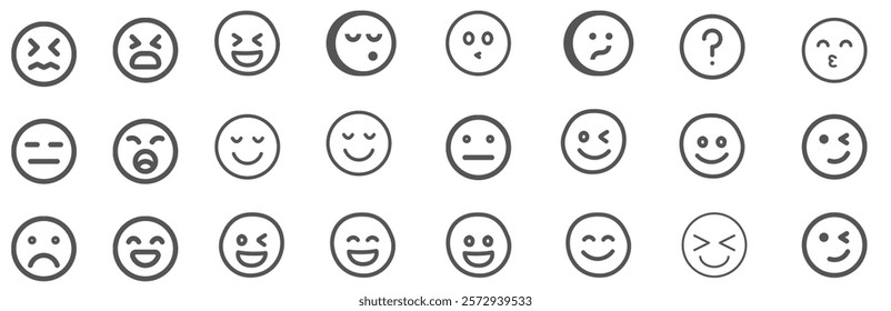 A set of 24 monochrome circular emoji icons displaying various facial expressions and emotions. Simple line-style illustrations include happy, sad, angry, surprised, love, and neutral faces in graysca