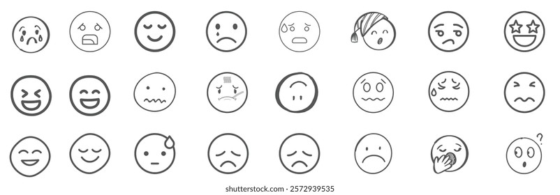 A set of 24 monochrome circular emoji icons displaying various facial expressions and emotions. Simple line-style illustrations include happy, sad, angry, surprised, love, and neutral faces in graysca