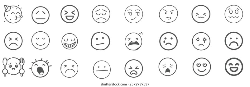 A set of 24 monochrome circular emoji icons displaying various facial expressions and emotions. Simple line-style illustrations include happy, sad, angry, surprised, love, and neutral faces in graysca