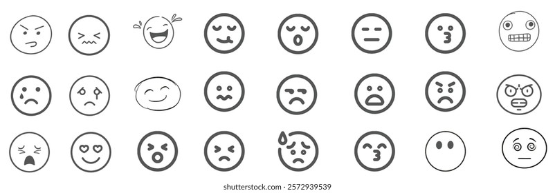 A set of 24 monochrome circular emoji icons displaying various facial expressions and emotions. Simple line-style illustrations include happy, sad, angry, surprised, love, and neutral faces in graysca