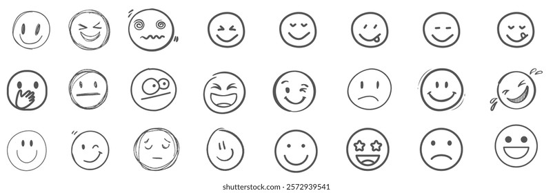 A set of 24 monochrome circular emoji icons displaying various facial expressions and emotions. Simple line-style illustrations include happy, sad, angry, surprised, love, and neutral faces in graysca