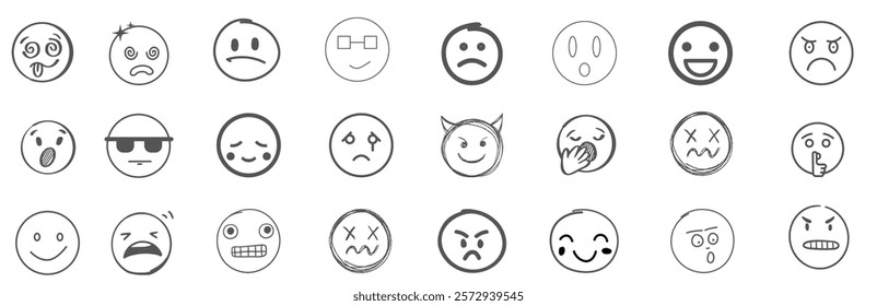 A set of 24 monochrome circular emoji icons displaying various facial expressions and emotions. Simple line-style illustrations include happy, sad, angry, surprised, love, and neutral faces in graysca