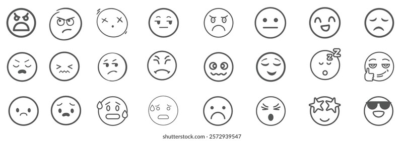 A set of 24 monochrome circular emoji icons displaying various facial expressions and emotions. Simple line-style illustrations include happy, sad, angry, surprised, love, and neutral faces in graysca