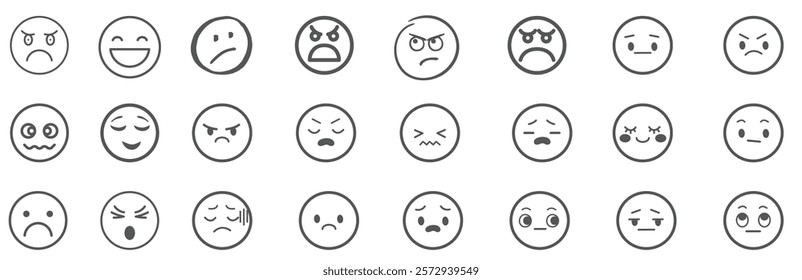 A set of 24 monochrome circular emoji icons displaying various facial expressions and emotions. Simple line-style illustrations include happy, sad, angry, surprised, love, and neutral faces in graysca