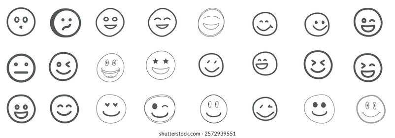 A set of 24 monochrome circular emoji icons displaying various facial expressions and emotions. Simple line-style illustrations include happy, sad, angry, surprised, love, and neutral faces in graysca