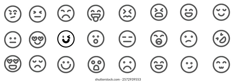 A set of 24 monochrome circular emoji icons displaying various facial expressions and emotions. Simple line-style illustrations include happy, sad, angry, surprised, love, and neutral faces in graysca